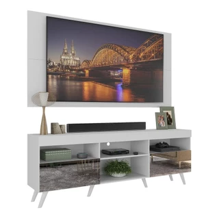 Rack c/ Painel P/TV 65", espelho e pés retrô Flórida Multimóveis Branco