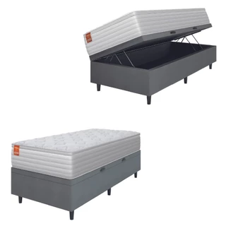 Cama Box Baú Colchão Solteiro Molas Ensacadas Real 88x188x68cm Branco / Cinza Inducol - Suporta até 130kg por Pessoa