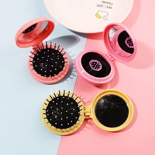 3pçs Mini Escova de Cabelo Dobrável com Espelho de Bolsa Portátil