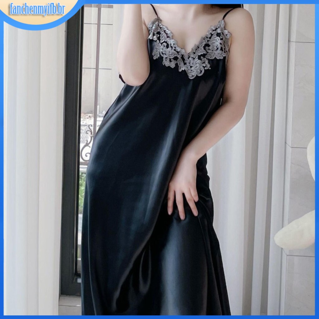 Camisola Longa Cetim Seda Renda Sexy Sem Manga Decote V Roupa De Dormir