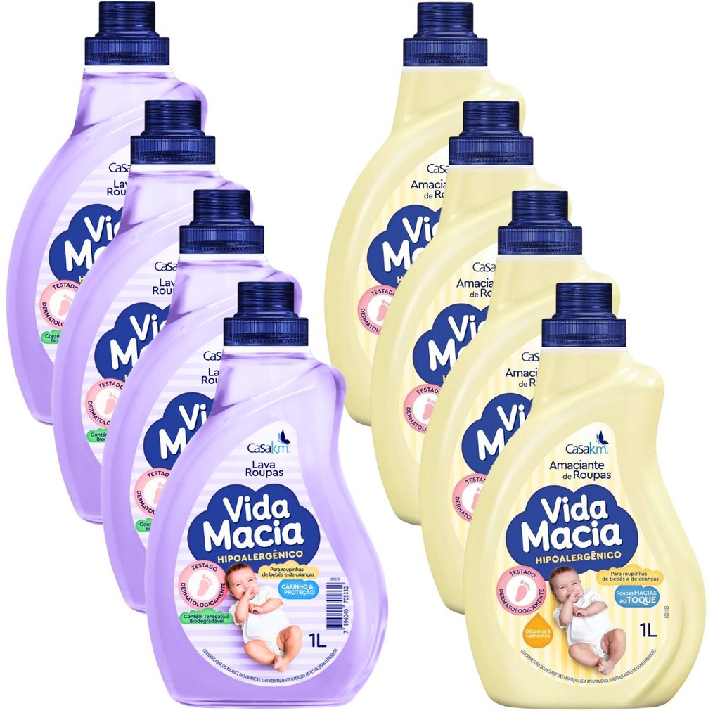 Kit 4 Vida Macia Sabão 1L e Amaciante 1 Litro Roupa de Bebê | Shopee Brasil