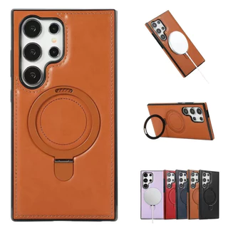 Couro De Luxo PU Porta-Anel Magnético Compatível Com Samsung Galaxy S24 S23 S22 Ultra S23 Plus Estilo Comercial , Capa De Carregamento Sem Fio Magsafe