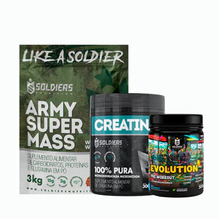 Kit Hipercalórico Army Super Mass 3kg + Creatina 300g + Pré Treino Evolution Pré Workout 300g - Soldiers Nutrition