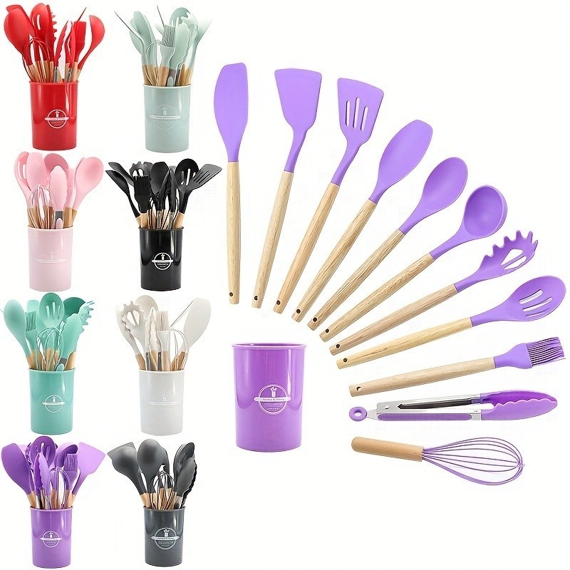 Jogo de Cozinha Kit C/12 Peças de Silicone, Utensílios e Copo Suporte para Cozinha Cabo de Madeira