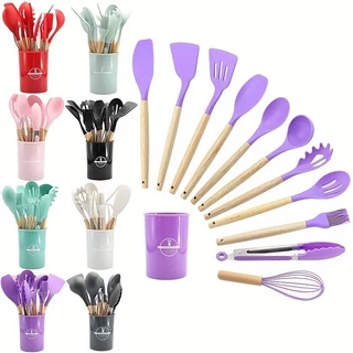 Jogo de Cozinha Kit C/12 Peças de Silicone, Utensílios e Copo Suporte para Cozinha Cabo de Madeira