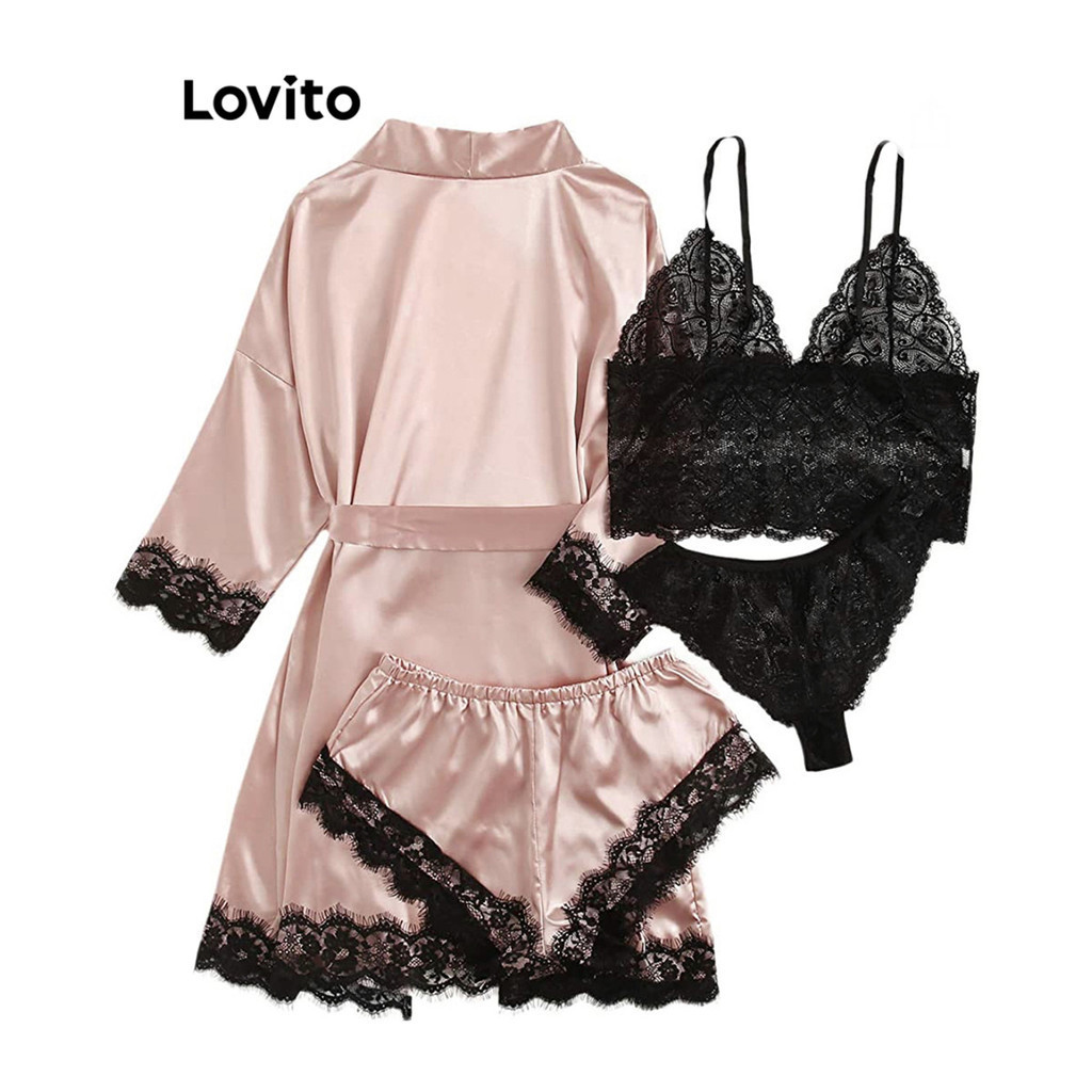 Lovito Conjuntos de pijama casual liso com cadarço para mulheres LNL54015