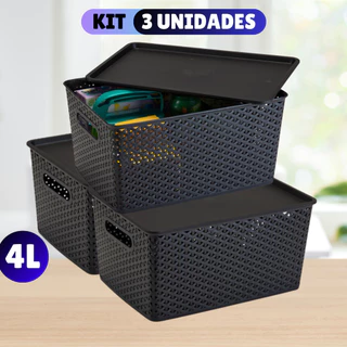 Kit Com 3 Cesto Caixa Organizadora Rattan Com Tampa 4 Litros Preto