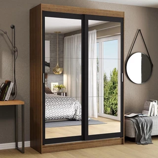 Guarda-Roupa Solteiro Madesa Tokio 2 Portas de Correr de Espelho 2 Gavetas - Rustic/Preto em Oferta na Shopee