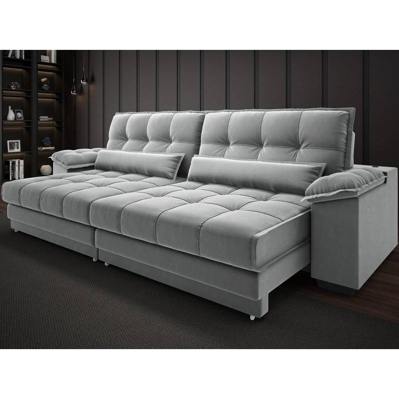 Sofá Retrátil e Reclinável com Molas ensacadas e Carregador USB Colosso 2,30m Veludocristal Cinza - NETSOFAS