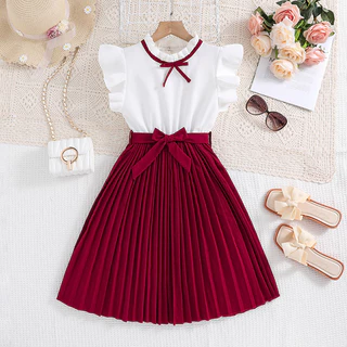 Fato casual Estilo preppy Feminino 8-12 Anos De Idade Com Saia Plissada De Cor Branca E Sem Mangas