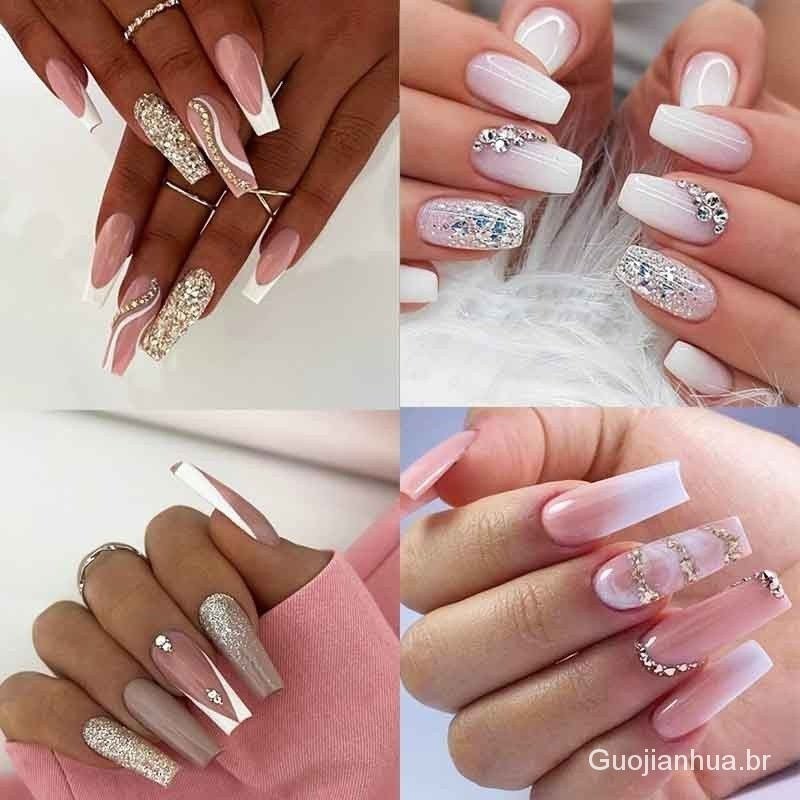 GUOJH 24 peça unhas postiças realista decoradas em gel francesinha com ...