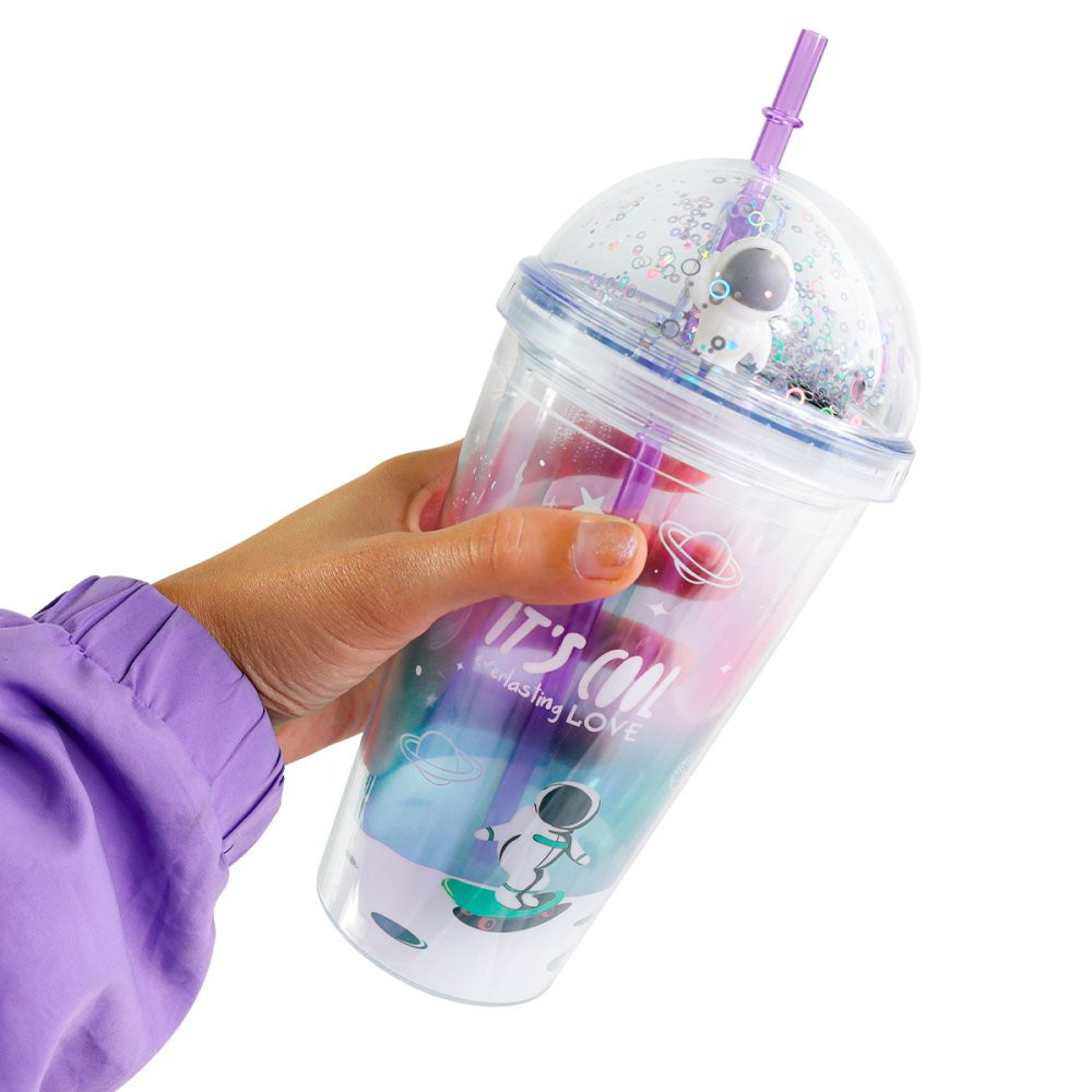 Copo Canudo Boneco Astronauta 500ml Tampa Lantejoulas