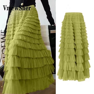 VmewSher Saias De Verão Em Camadas Femininas De Mola Elegante Malha Fofa Doce Linha A Rufos Pregueados Fios De Rede Sólida De Cintura Alta