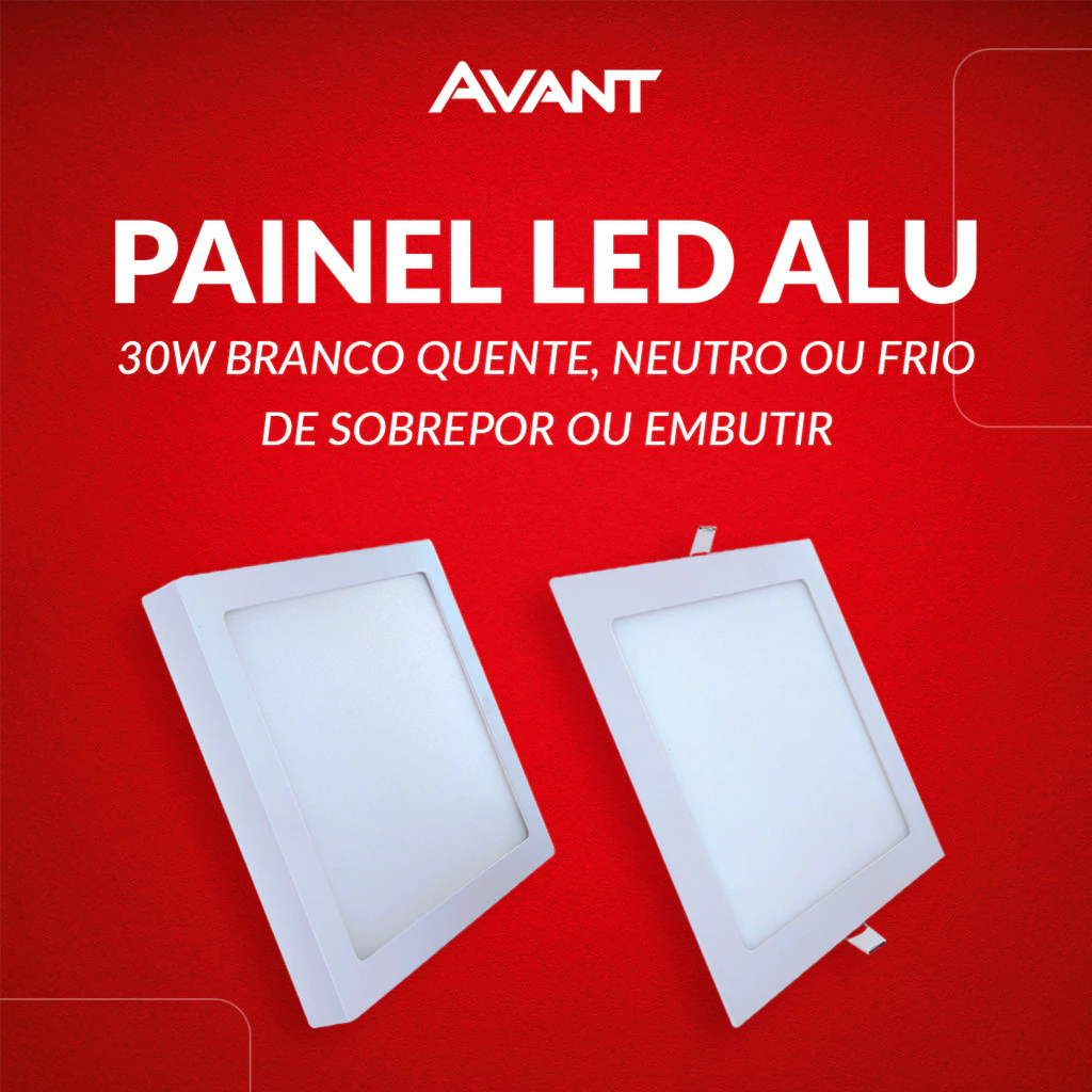 Painel Led Aluminio Quadrado 30w 3000k/4000k/6500k Branco Quente/Neutro/Frio 110v/220v Bivolt Branco Avant