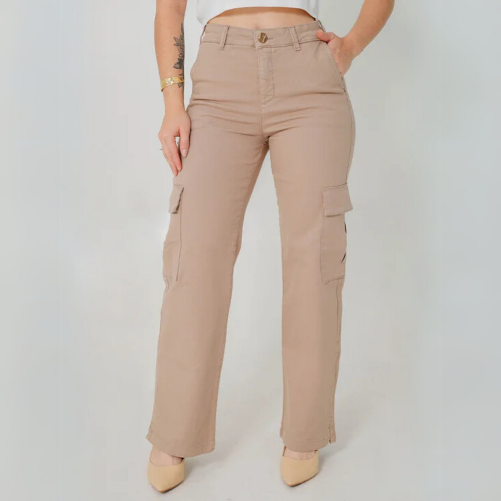 Calça Feminina Jeans Reta Utilitária Bolso Cargo Frontal e