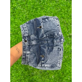 Short Saia Cargo Marmorizado E Lavagem Clara Cintura Alta