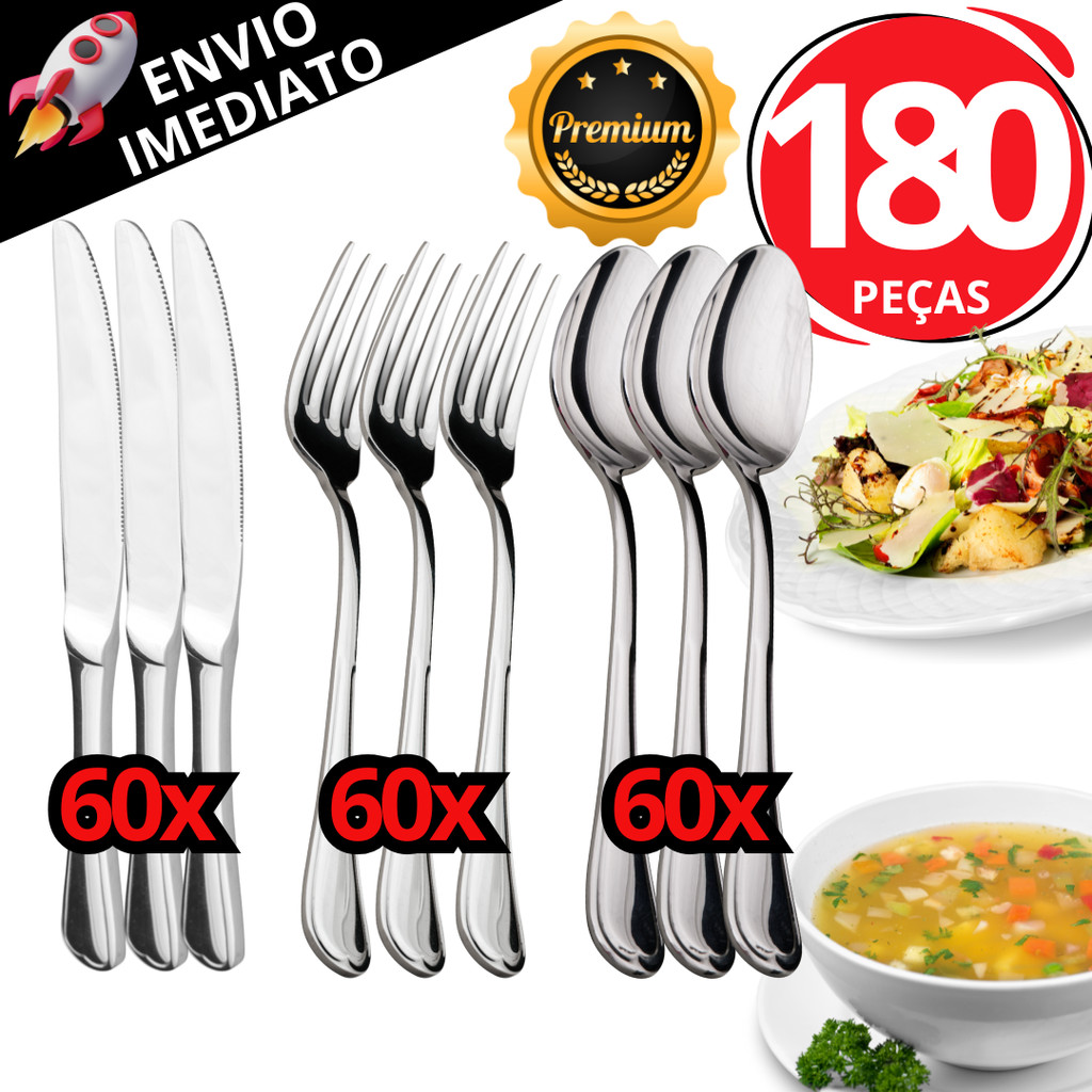 Kit 180 Talheres Inox Premium Garfo Faca E Colher Talher Para Refeição ...