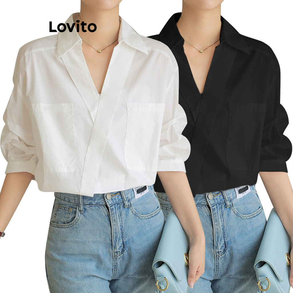 Lovito Casual Blusa Feminina Lisa Assim Trica Com Bolso Lne