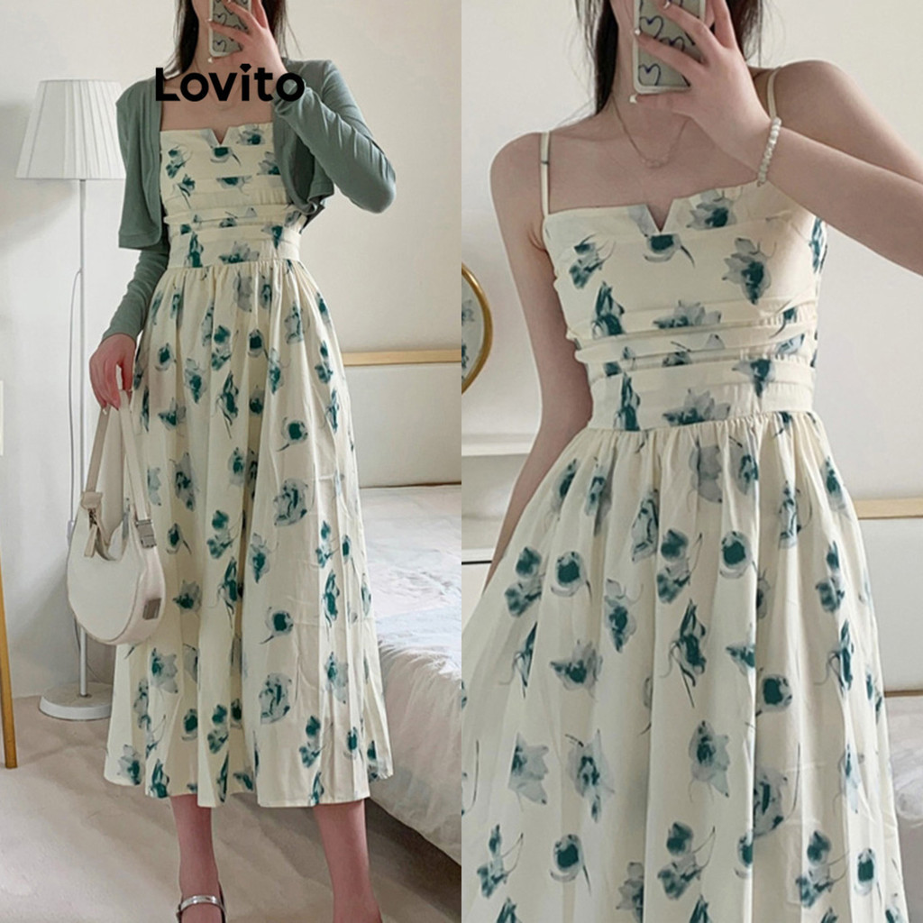 Lovito Vestido casual Ditsy floral franzido para mulheres LNA53026