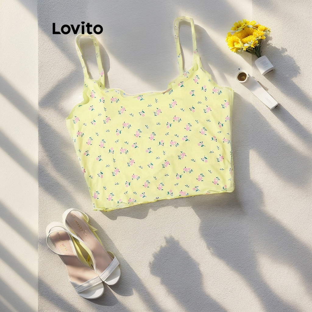 Lovito Linda regata feminina com acabamento floral e alface L88AD013