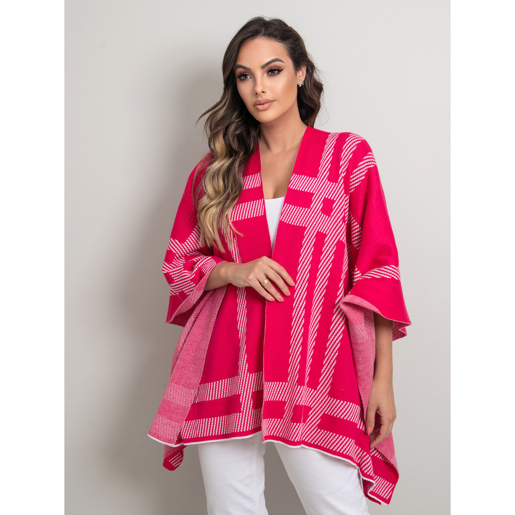 Cardigan Tricot Xadrez esoanador Bloco de cores Manga de Asa de