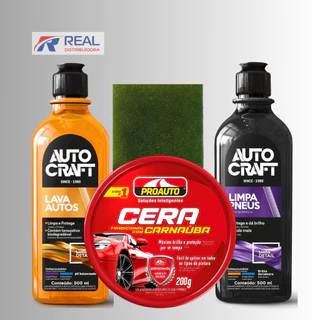 Shampo Lava Autos + Pretinho Limpa Pneus + Cera Tradicional + Grátis Esponja - KIT CUIDADO BASICO