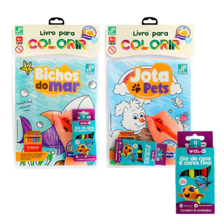 Kit Livro de Colorir Lavável Infantil Educativo Animais Mar Pets Sortido + 6 Giz de Cera Fino Escolar p/ Pintar Escola Crianças