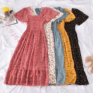[Fashion] women's dress 2022 summer Korean style new retro square collar floral waist slimming flounced stitching dress 