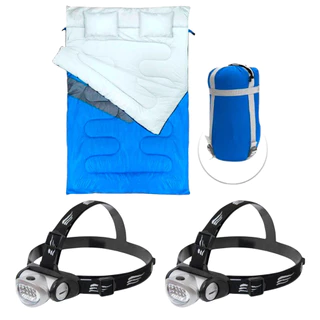 Kit Saco Dormir Kuple Casal C/ Travesseiro + 2x Lanterna de Cabeça Turbo LED 20 lúmens - Nautika em Oferta na Shopee