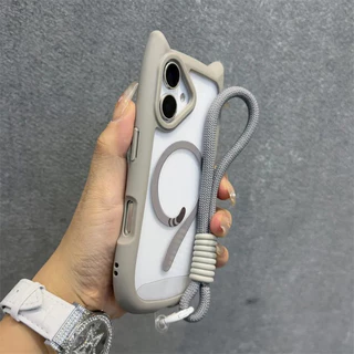 Capinha de Celular Transparente com Orelhas de Gato, Magnética, para iPhone 16 15 14 13 12 11 Pro Max Plus, Antichoque