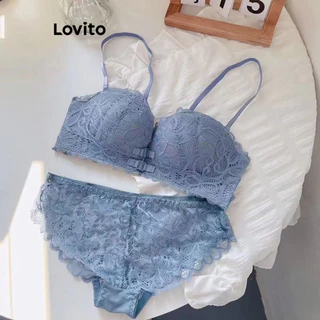 Lovito Conjunto de calcinha casual de renda lisa com costura de botão duplo para mulheres LNL56057