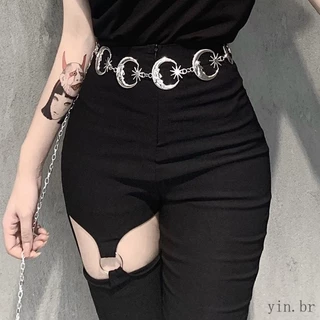 Cinto de cintura alta Metal corrente feminino estreito gótico lua prata pingente VintageF518