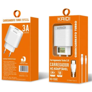 Fonte Carregador 3.0 + Cabo Turbo 18w Kaidi Para Android e IOS - KD-550C. KD-550S KD-550A
