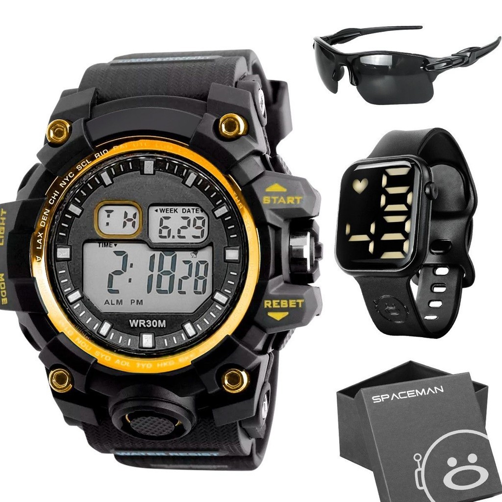 relogio preto prova dagua + caixa + oculos sol protecao uv esportivo ajustavel cronometro alarme