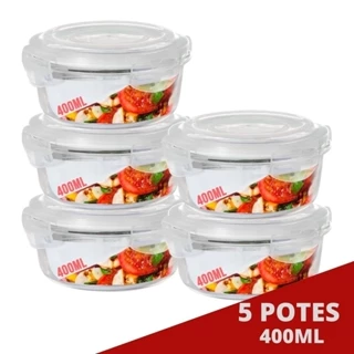 Kit 5 Pote Tampa Hermetica Redondo de Vidro 400ml Multiuso