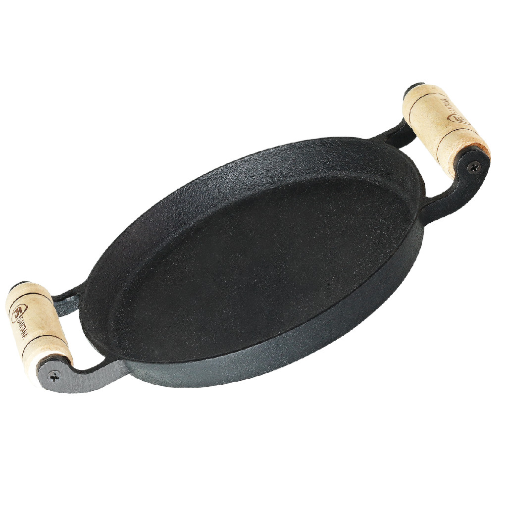 Chapa Bifeteira Redonda 22 cm Ferro Fundido Alças de Madeira