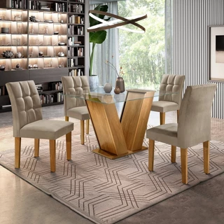 Conjunto Sala de Jantar Mesa Classic Tampo de Vidro 4 Cadeiras Vitória 