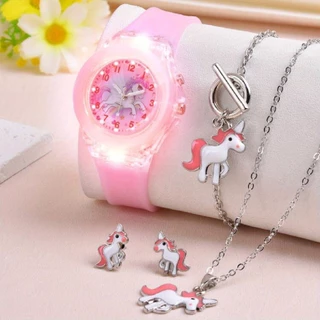 Kegllect 5PCS Cartoon Relógio Infantil & Pulseira Colar Brincos Conjunto De Relógios Unicórnio Para Meninas Aniversário Gife