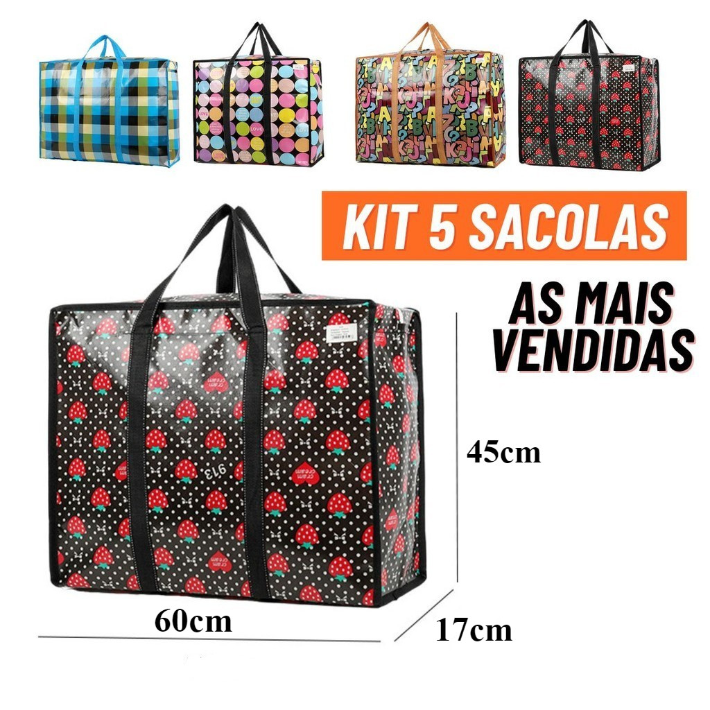 5 Sacolas de Feira 60x45 Grande Feira Zíper Impermeável Sacoleira Novos Modelos