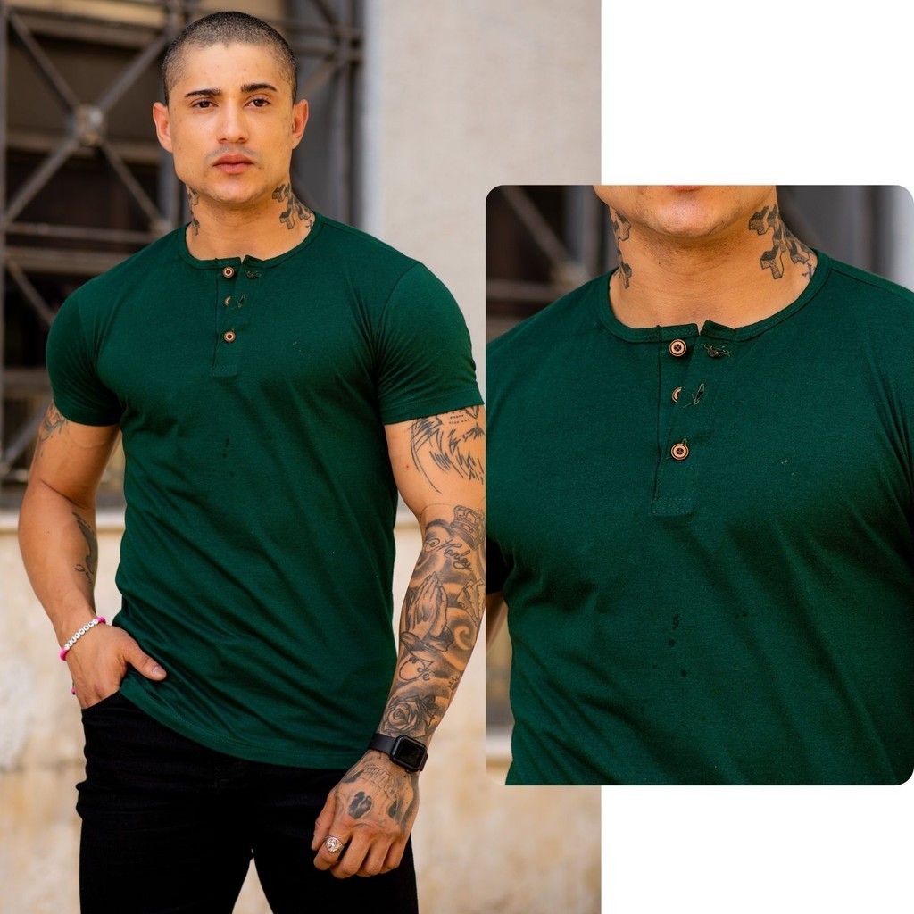 Camiseta Masculina Henley Camisa Gola Padre c/ 3 Botões
