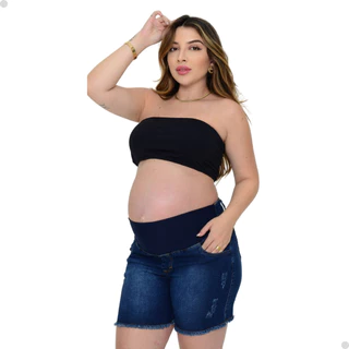 Shorts Gestante Grávida Jeans Cós Suplex Com Barra Desfiada