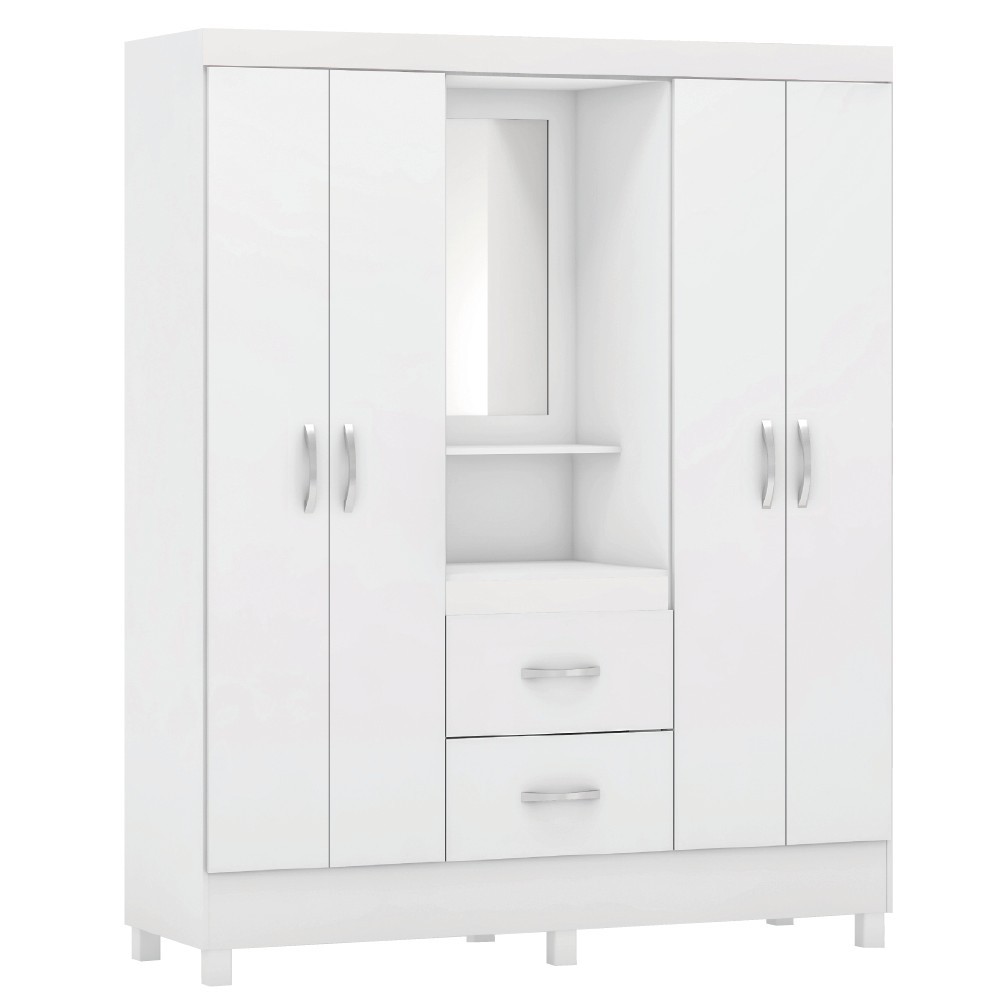 Guarda Roupas Casal Capela 4 Portas Com Espelho 2 Gavetas Branco/Rosa Flex Lord Demóbile