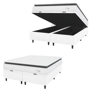 Cama Box Baú Colchão Casal King Molas Ensacadas City Pillow Top 193x203x64cm Linho Branco / Cinza Hellen - Suporta até 110kg por Pessoa
