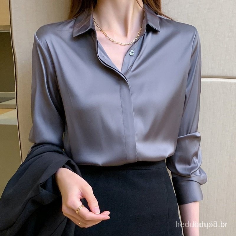 Primavera Outono Estilo Cetim Genuine Silk Shirt Desgaste de manga longa profissional das mulheres