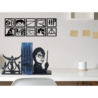 Suporte Para Livros Mesa Harry Potter + Kit 10 Quadros Quarto Sala Decorativo Enfeite MDF Preto Relíquias da Morte Chapéu Seletor Varinha Plataforma 9 3/4 Dementador Quadribol Vassoura Nimbus 2000