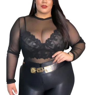 Body Tule Manga Longa Animal Print Transparente Segunda Pele Plus Size