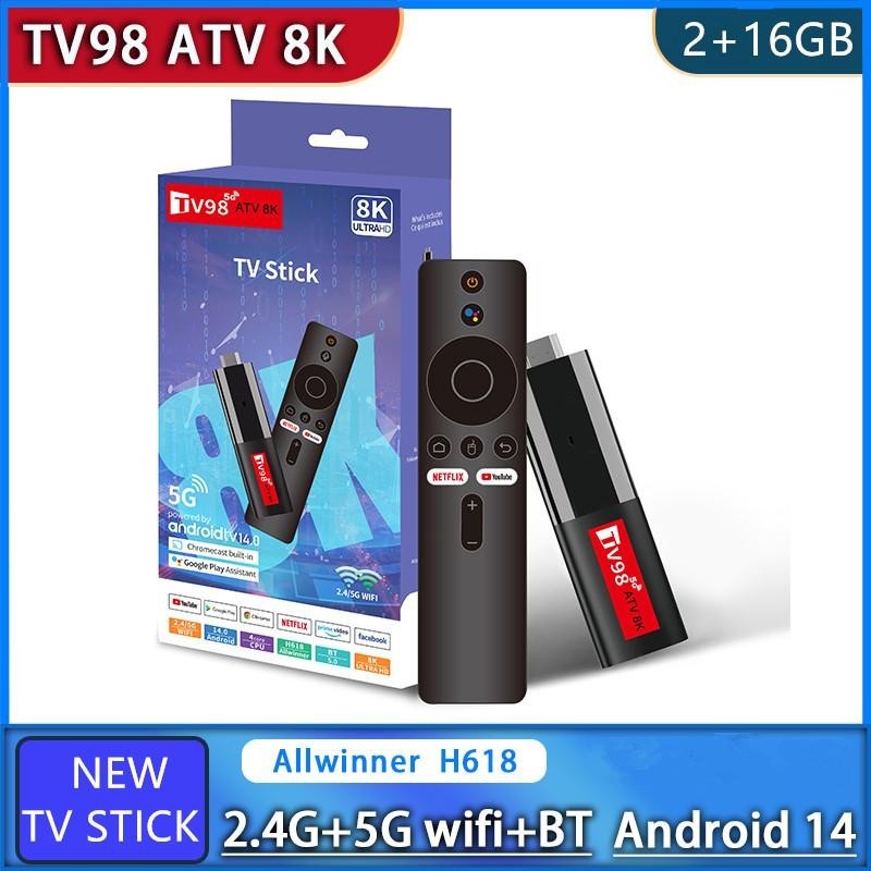 TV98 ATV 8K Allwinner H618 Bastão De Tv 2.4/5G Wifi BT5.0 2Gb 16Gb Android 14.0 Smart Media Player