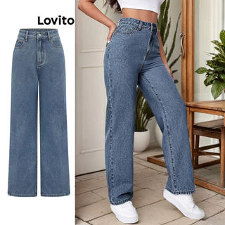 Lovito Jeans com Bolsos com Botões e Zíper na Frente para Mulheres L77ED178