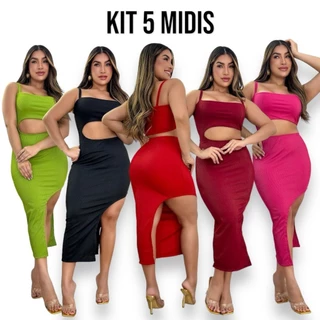 Kit 5 Vestidos Midi No Canelado com Fenda Lateral Longo