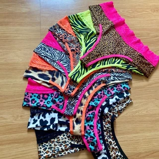 Kit 6 Calcinhas Plus Size Estampadas Animal Print Lingerie Cintura de Renda Cores Neon